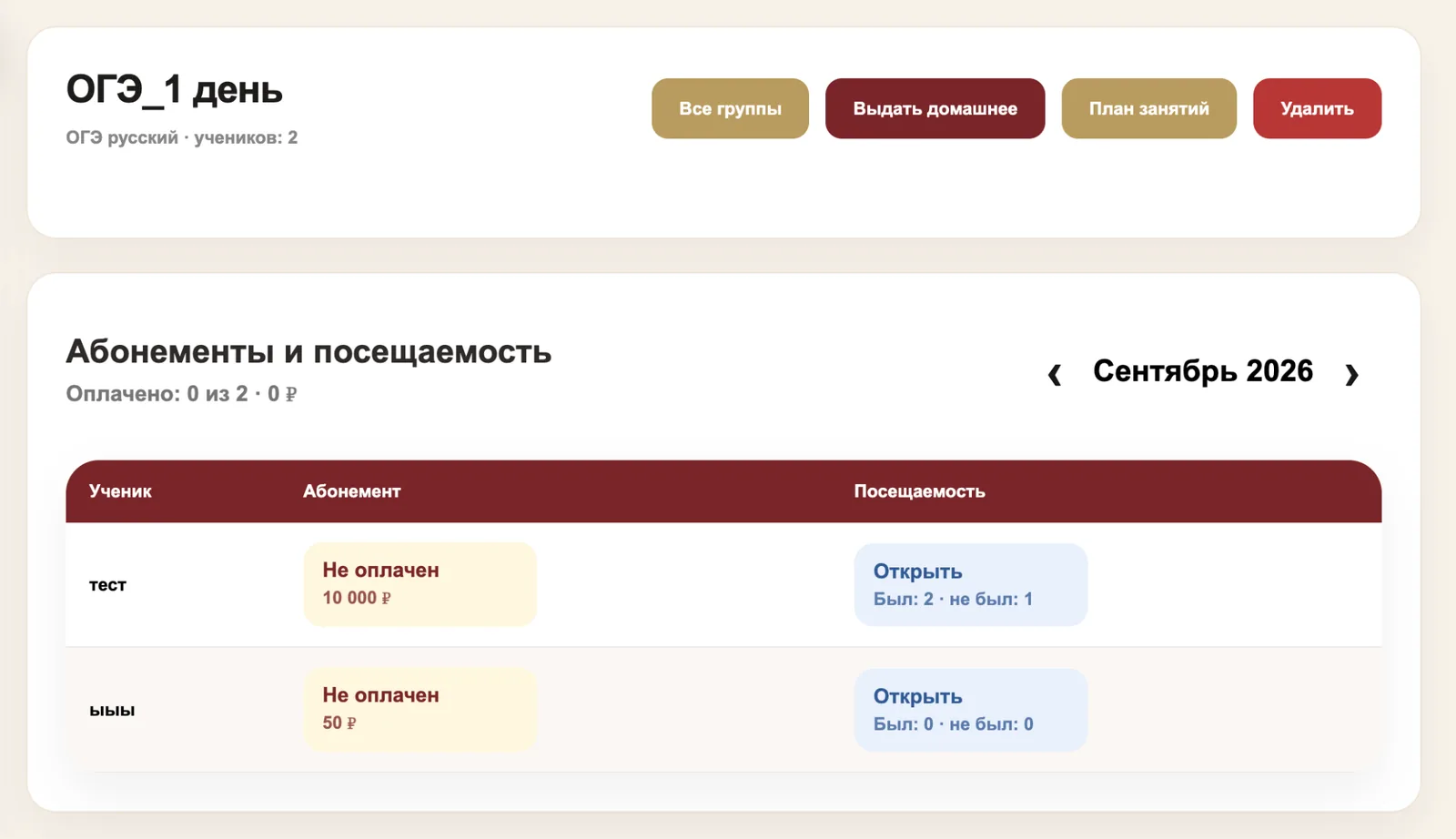 Посещаемость и абонементы группы
